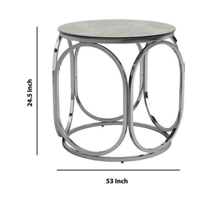 Round Glass Top End Table with Capsule Lattice Design Metal Body, Silver