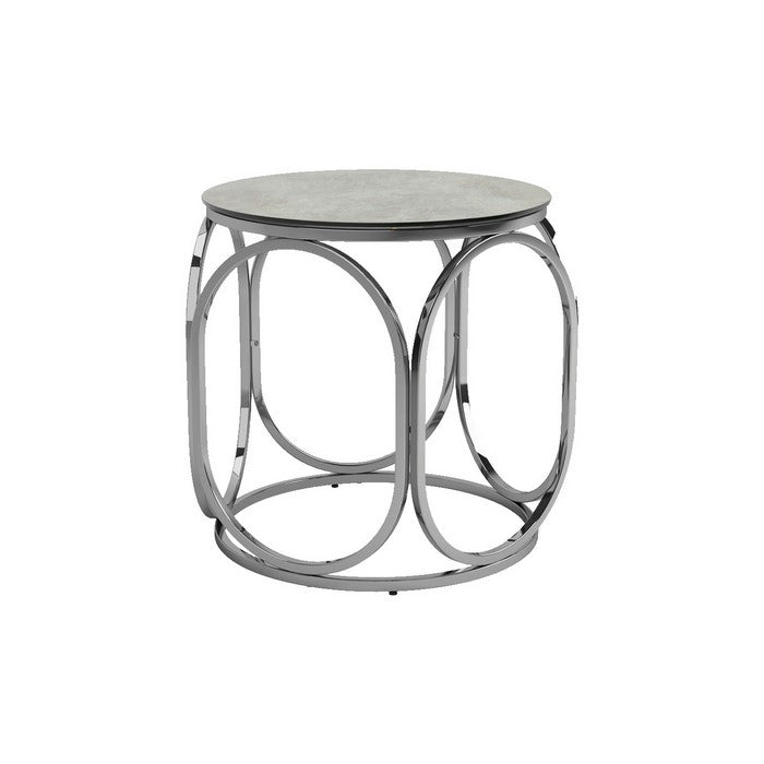 Round Glass Top End Table with Capsule Lattice Design Metal Body, Silver