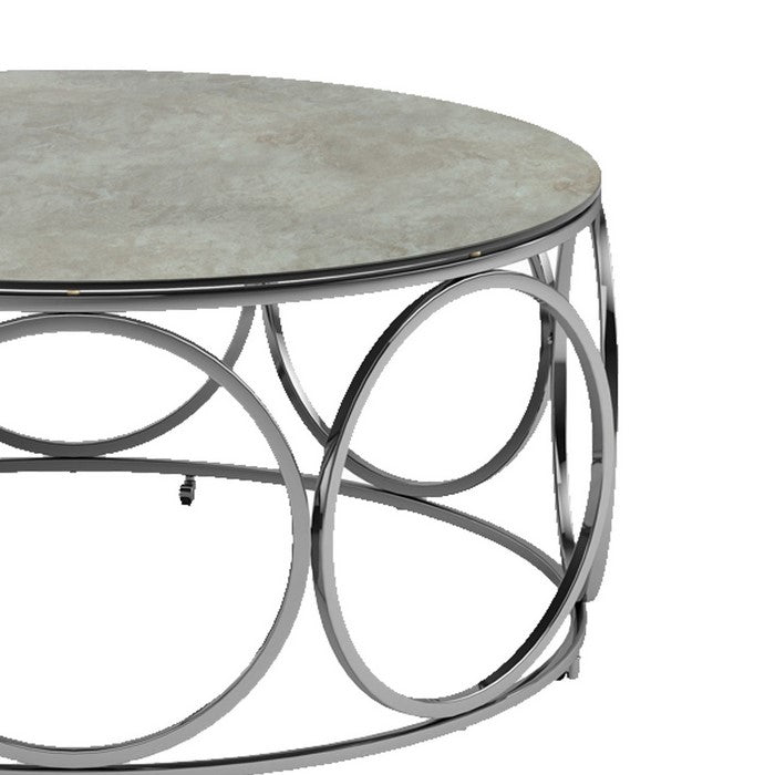 Round Glass Top Coffee Table with Circular Lattice Metal Body, Silver