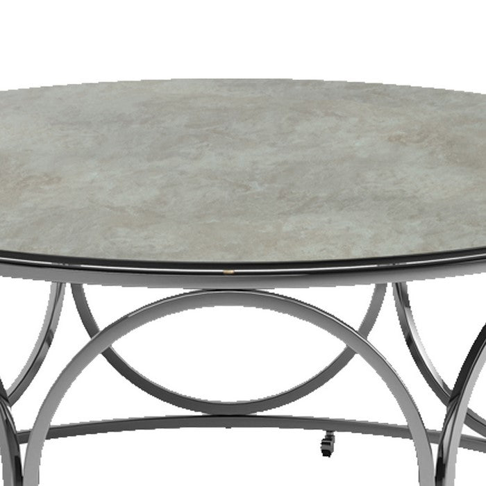 Round Glass Top Coffee Table with Circular Lattice Metal Body, Silver