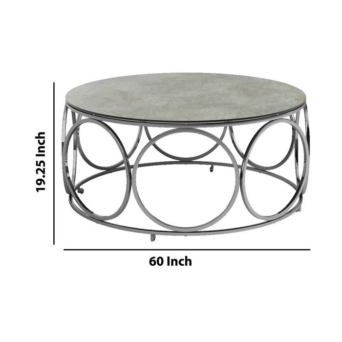 Round Glass Top Coffee Table with Circular Lattice Metal Body, Silver