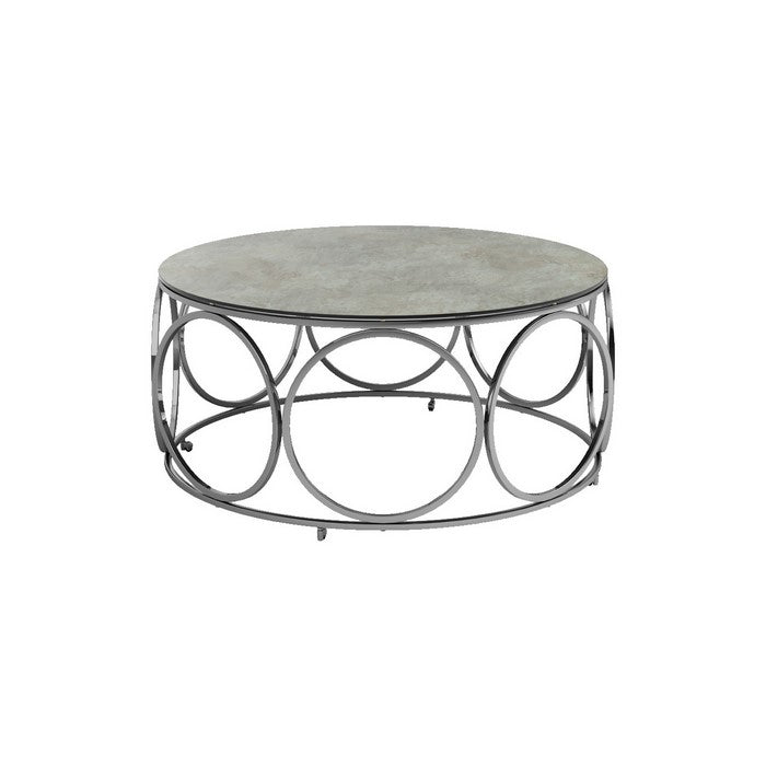 Round Glass Top Coffee Table with Circular Lattice Metal Body, Silver