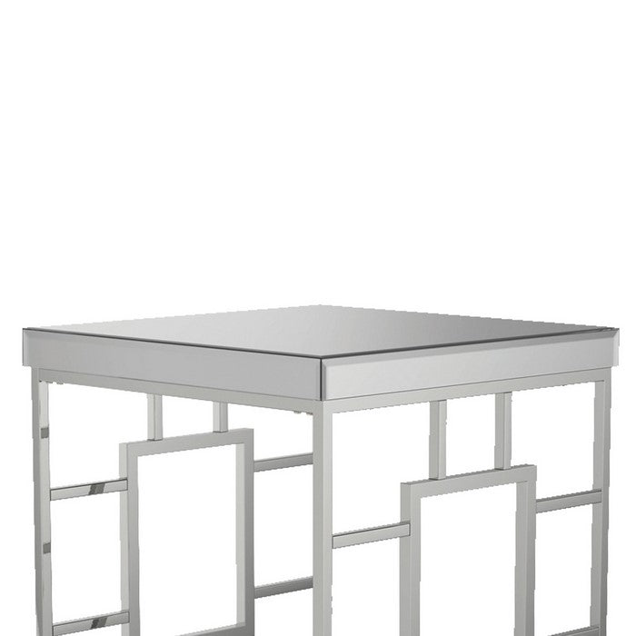 Contemporary Square End Table with Mirrored Top and Geometric Base, Silver