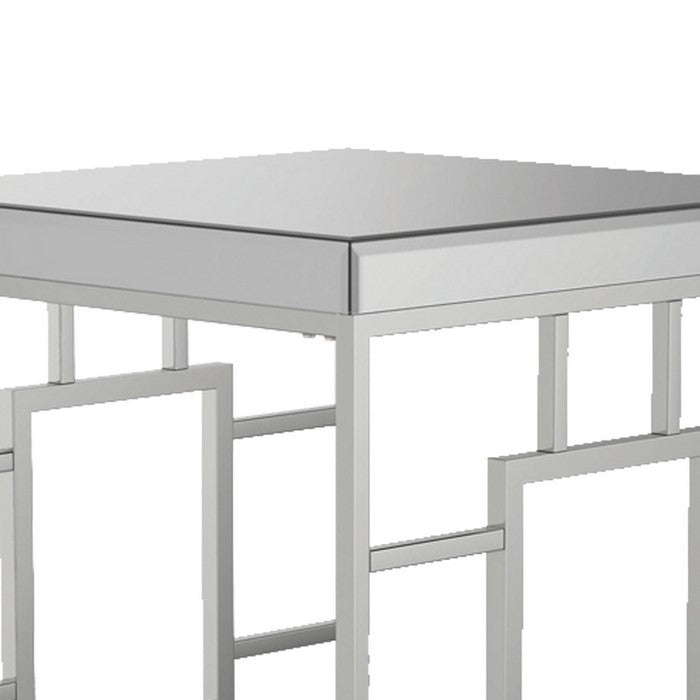 Contemporary Square End Table with Mirrored Top and Geometric Base, Silver