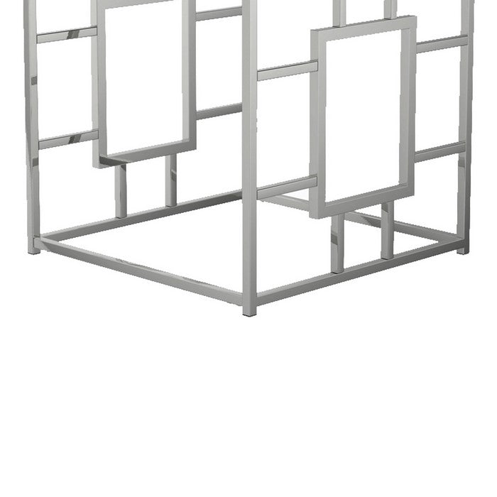 Contemporary Square End Table with Mirrored Top and Geometric Base, Silver