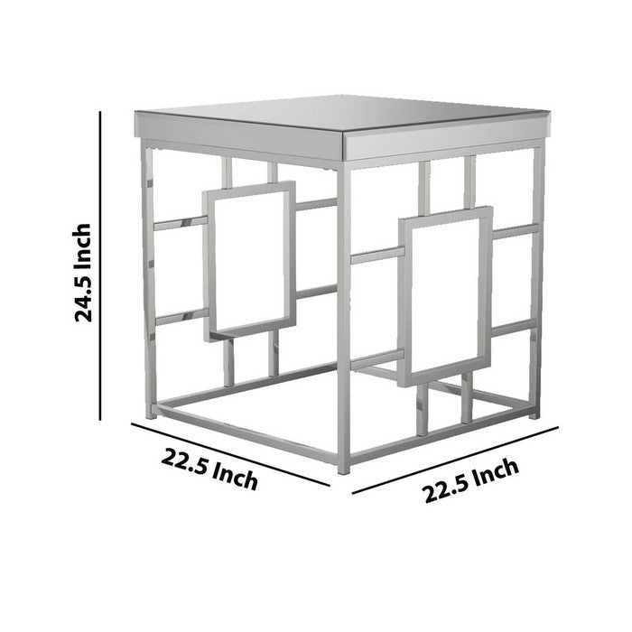 Contemporary Square End Table with Mirrored Top and Geometric Base, Silver