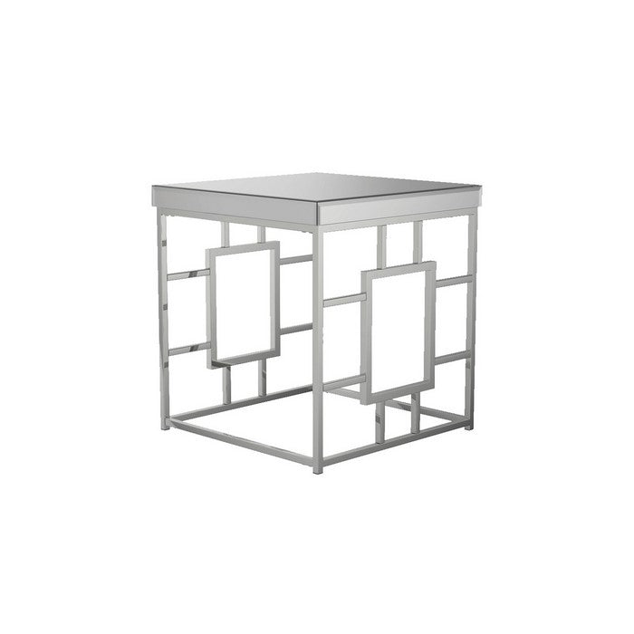 Contemporary Square End Table with Mirrored Top and Geometric Base, Silver