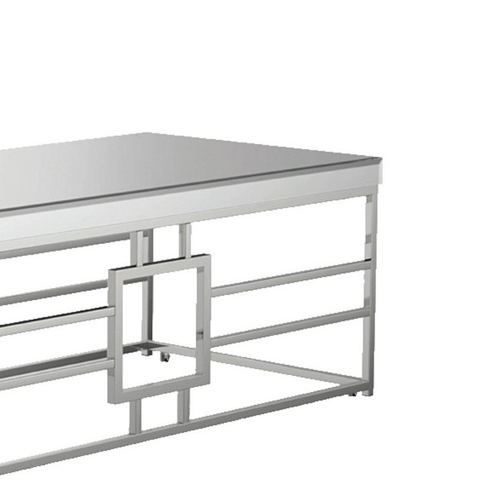 Rectangular Coffee Table with Mirrored Top with Caster Wheels, Silver