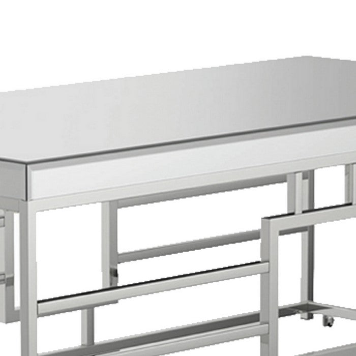 Rectangular Coffee Table with Mirrored Top with Caster Wheels, Silver
