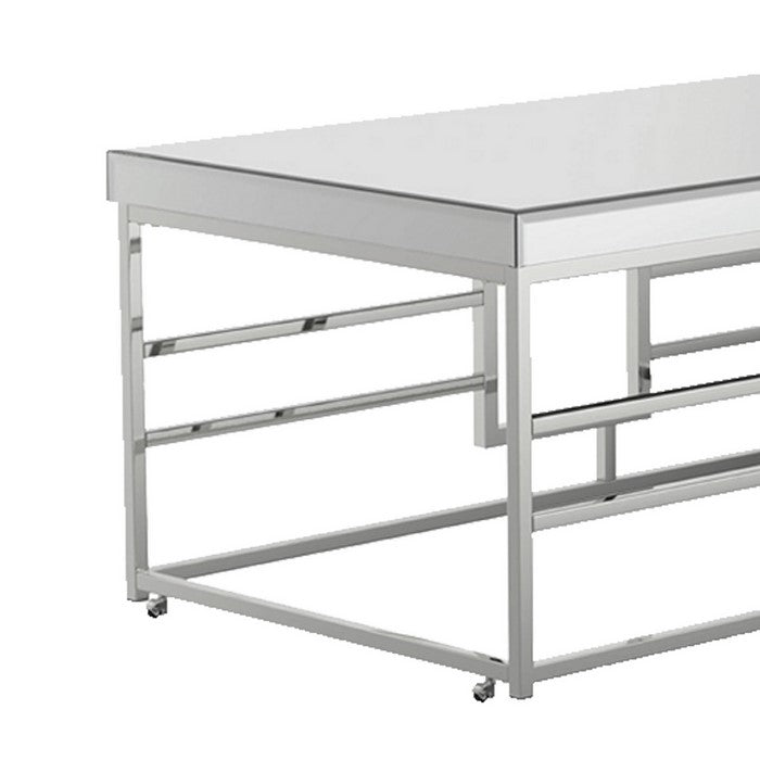 Rectangular Coffee Table with Mirrored Top with Caster Wheels, Silver