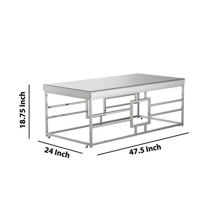 Rectangular Coffee Table with Mirrored Top with Caster Wheels, Silver