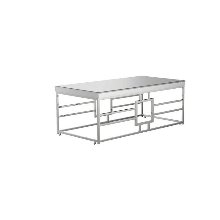 Rectangular Coffee Table with Mirrored Top with Caster Wheels, Silver