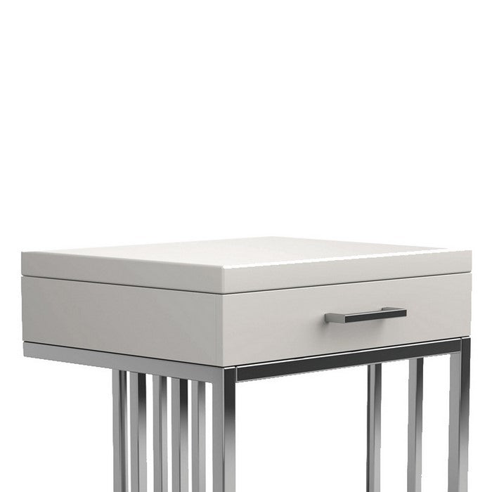 Modern Metal Frame Rectangular End Table with 1 Drawer, White and Silver