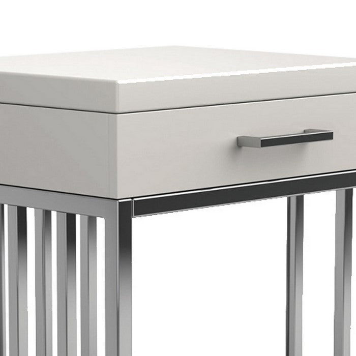 Modern Metal Frame Rectangular End Table with 1 Drawer, White and Silver