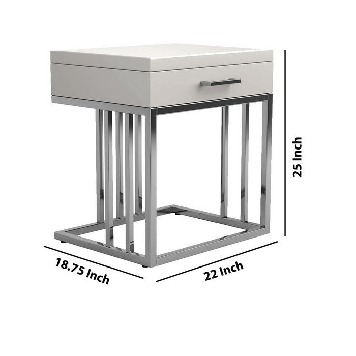 Modern Metal Frame Rectangular End Table with 1 Drawer, White and Silver