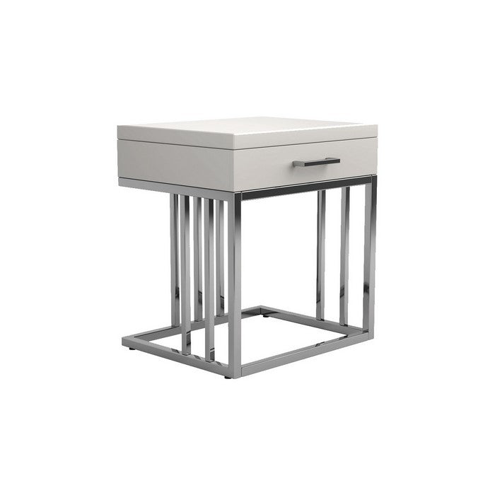 Modern Metal Frame Rectangular End Table with 1 Drawer, White and Silver
