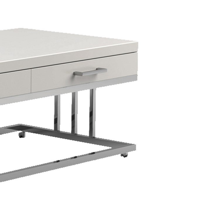2 Drawer Glossy Rectangular Coffee Table with Casters, White and Silver