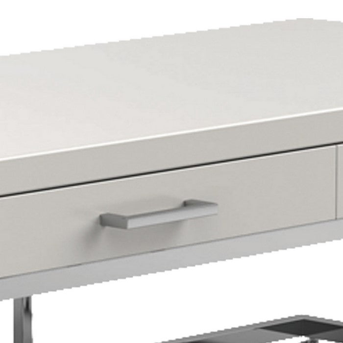 2 Drawer Glossy Rectangular Coffee Table with Casters, White and Silver