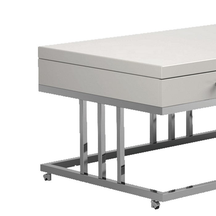 2 Drawer Glossy Rectangular Coffee Table with Casters, White and Silver