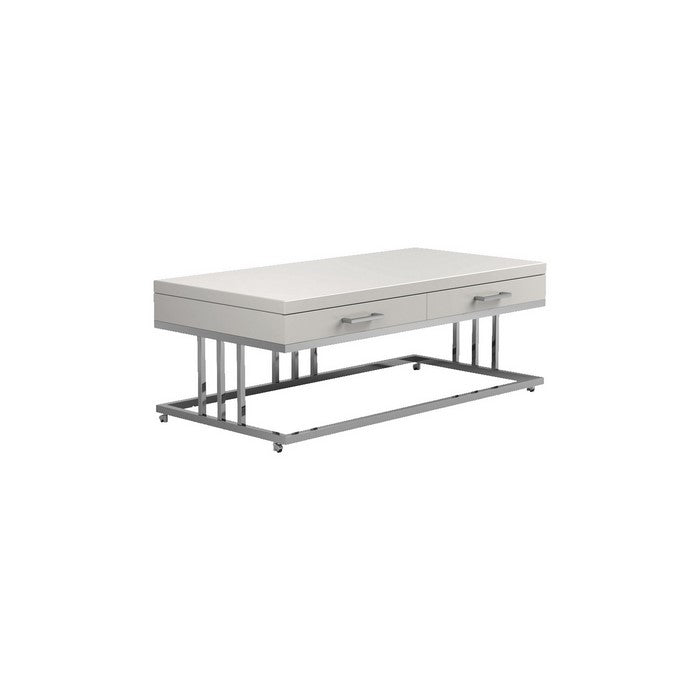 2 Drawer Glossy Rectangular Coffee Table with Casters, White and Silver