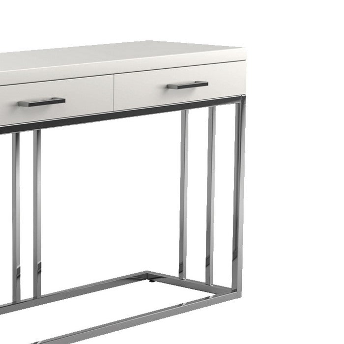 2 Drawer Glossy Rectangular Sofa Table with Metal Base, White and Silver