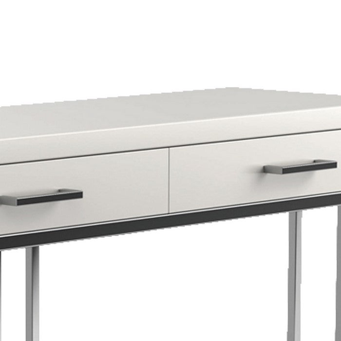 2 Drawer Glossy Rectangular Sofa Table with Metal Base, White and Silver