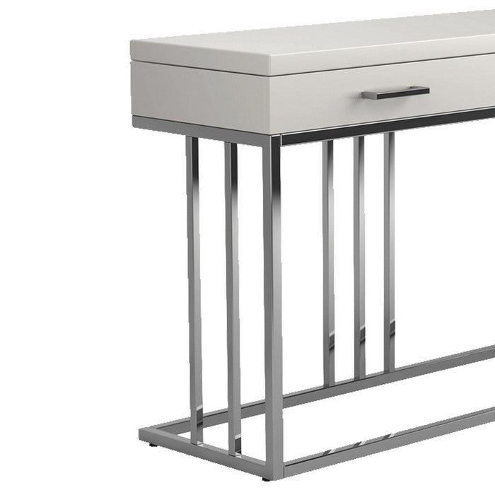 2 Drawer Glossy Rectangular Sofa Table with Metal Base, White and Silver