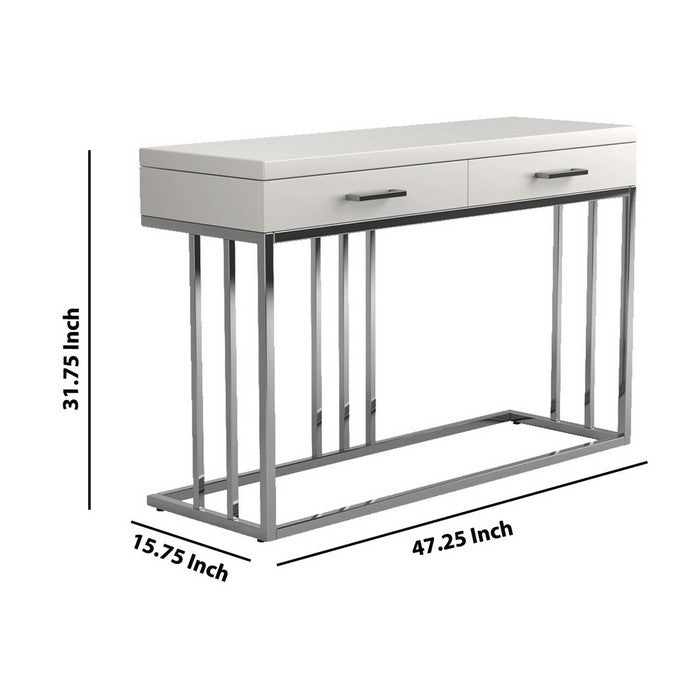 2 Drawer Glossy Rectangular Sofa Table with Metal Base, White and Silver