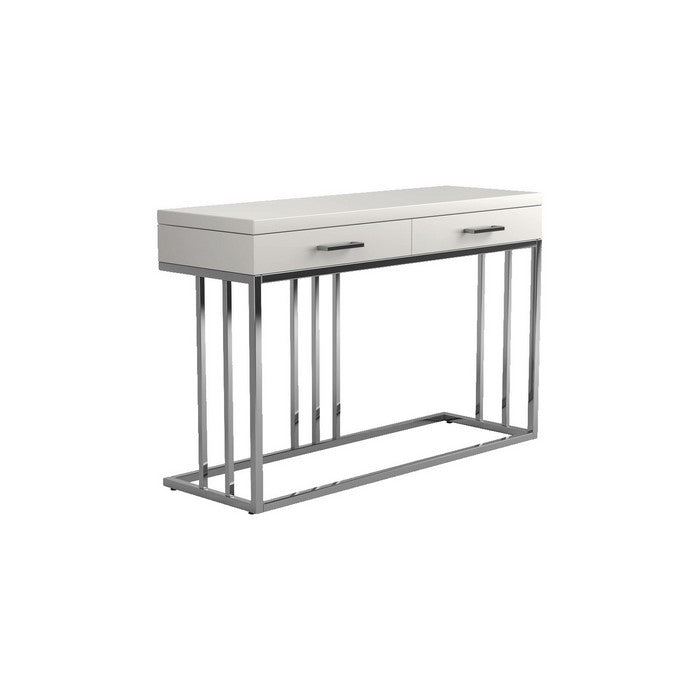 2 Drawer Glossy Rectangular Sofa Table with Metal Base, White and Silver