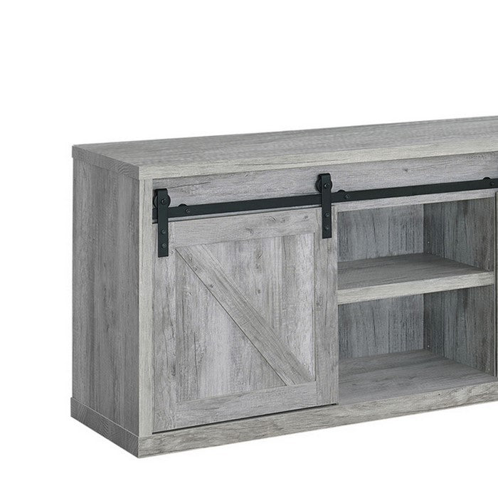 59 Inch Farmhouse Wooden TV Console With 2 Sliding Barn Doors, Gray