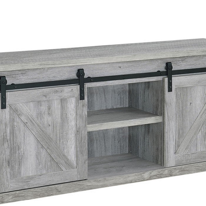 59 Inch Farmhouse Wooden TV Console With 2 Sliding Barn Doors, Gray