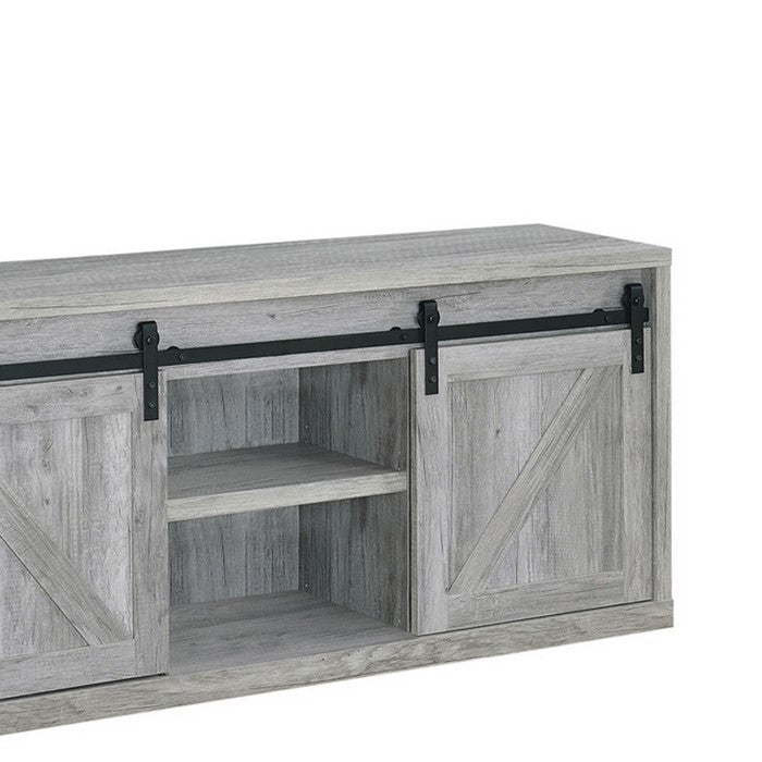59 Inch Farmhouse Wooden TV Console With 2 Sliding Barn Doors, Gray