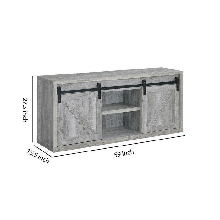 59 Inch Farmhouse Wooden TV Console With 2 Sliding Barn Doors, Gray