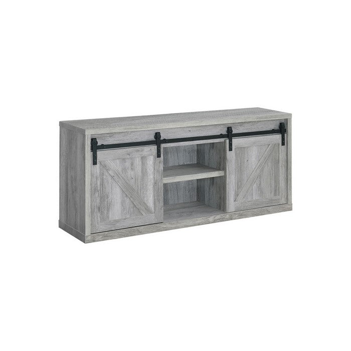 59 Inch Farmhouse Wooden TV Console With 2 Sliding Barn Doors, Gray
