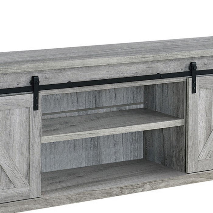 71 Inch Farmhouse Wooden TV Console With 2 Sliding Barn Doors, Gray