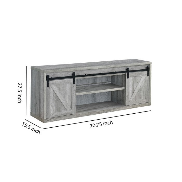 71 Inch Farmhouse Wooden TV Console With 2 Sliding Barn Doors, Gray