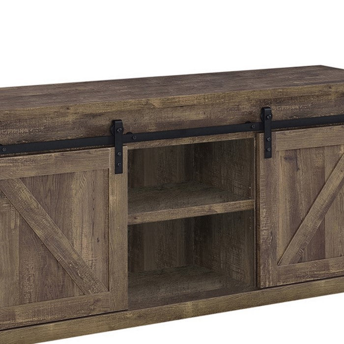 59 Inch Farmhouse Wooden TV Console With 2 Sliding Barn Doors, Rustic Brown