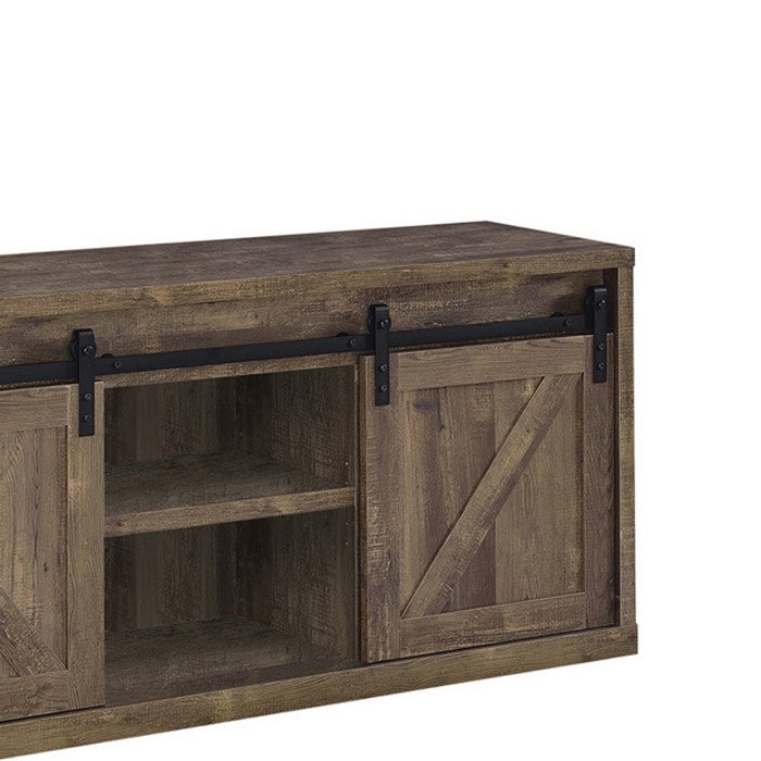 59 Inch Farmhouse Wooden TV Console With 2 Sliding Barn Doors, Rustic Brown