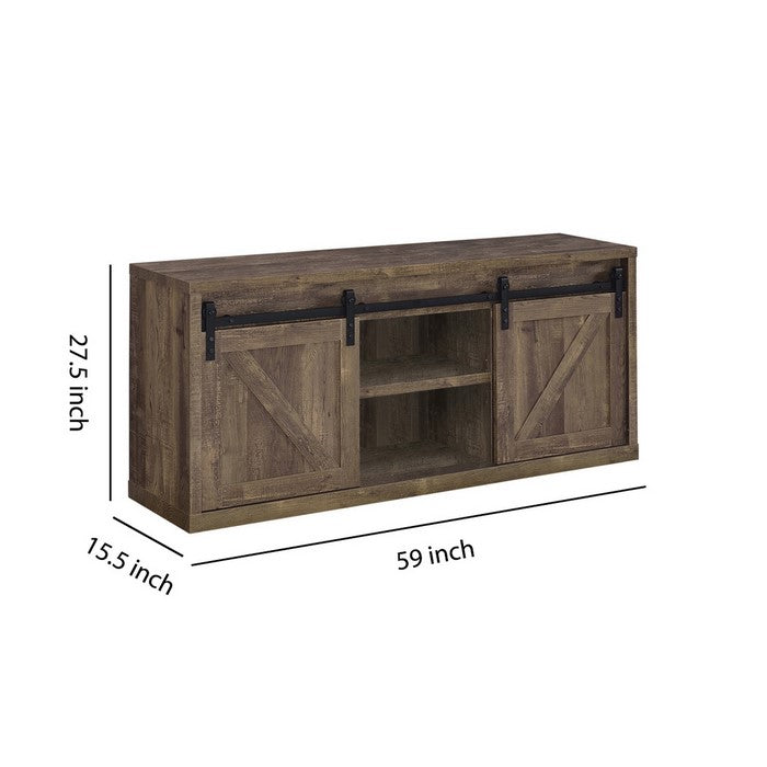 59 Inch Farmhouse Wooden TV Console With 2 Sliding Barn Doors, Rustic Brown