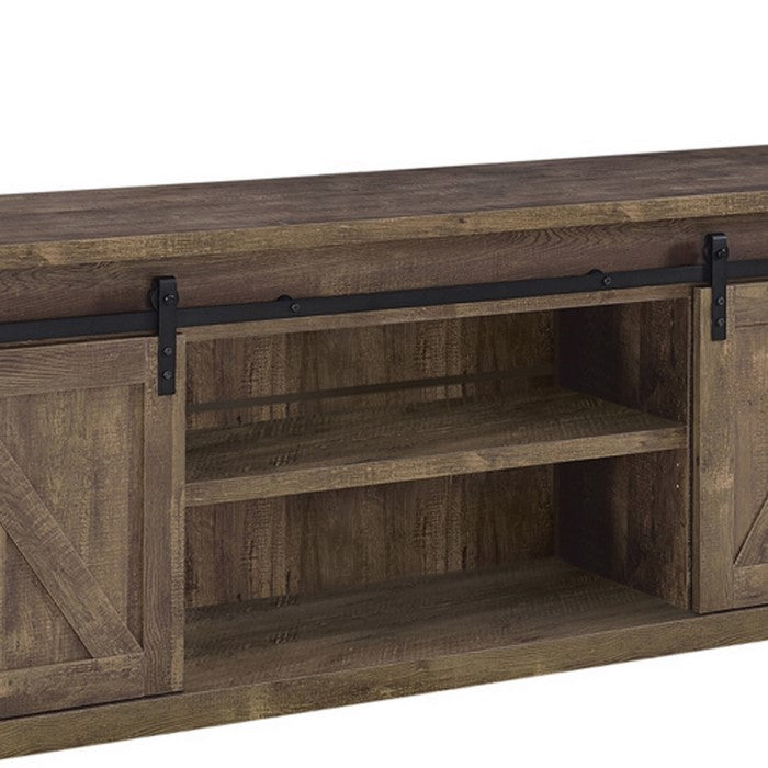 71 Inch Farmhouse Wooden TV Console With 2 Sliding Barn Doors, Rustic Brown