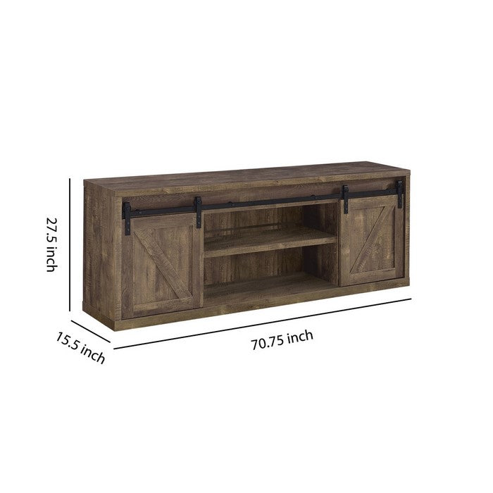 71 Inch Farmhouse Wooden TV Console With 2 Sliding Barn Doors, Rustic Brown