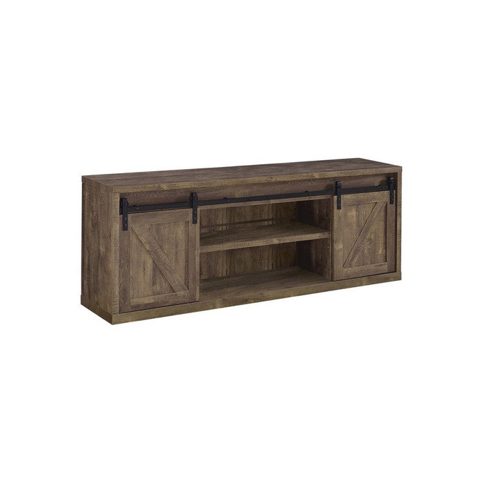 71 Inch Farmhouse Wooden TV Console With 2 Sliding Barn Doors, Rustic Brown