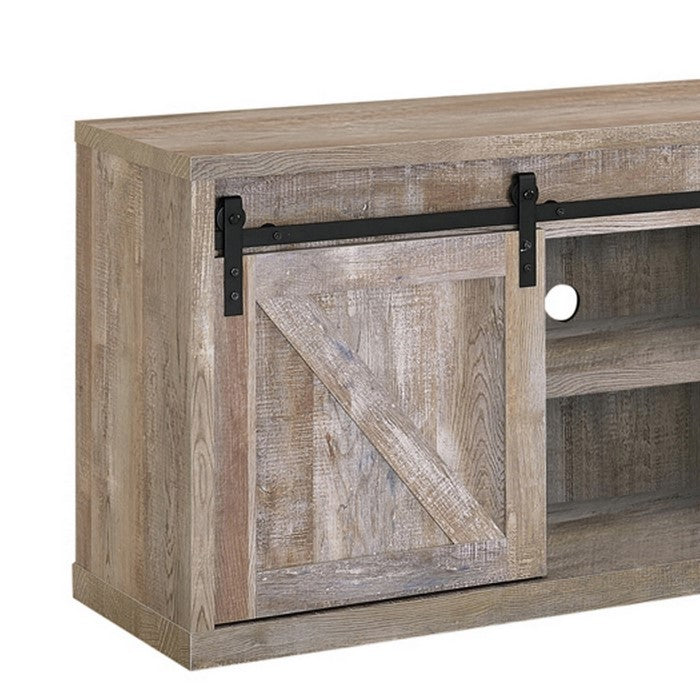59 Inch Farmhouse Wooden TV Console With 2 Sliding Barn Doors, Oak