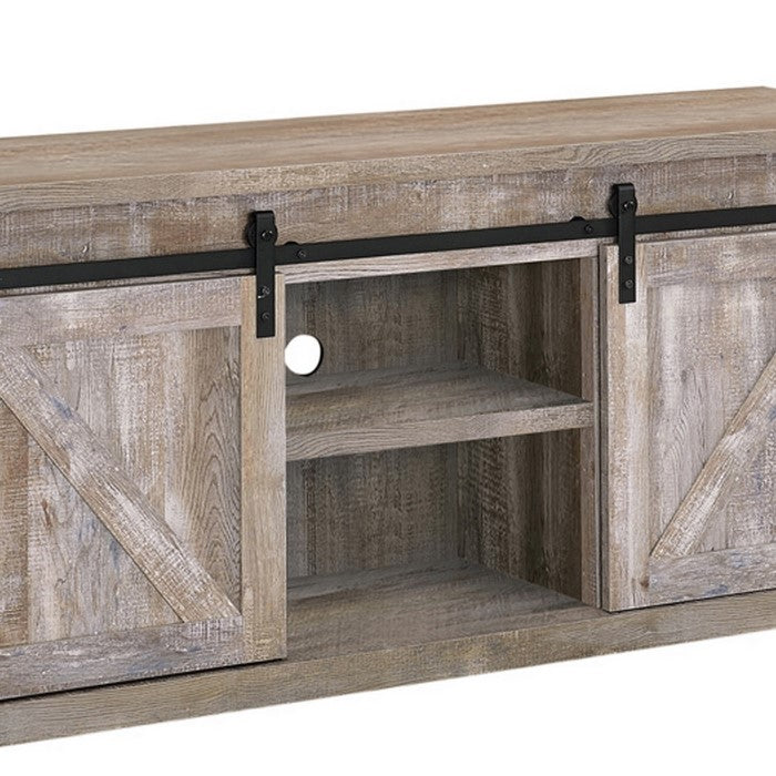 59 Inch Farmhouse Wooden TV Console With 2 Sliding Barn Doors, Oak