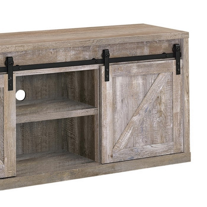 59 Inch Farmhouse Wooden TV Console With 2 Sliding Barn Doors, Oak