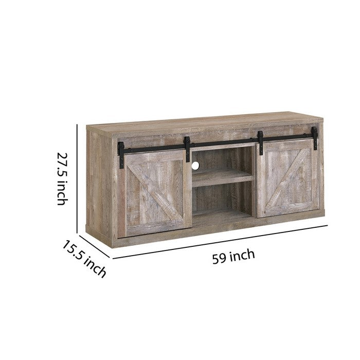 59 Inch Farmhouse Wooden TV Console With 2 Sliding Barn Doors, Oak