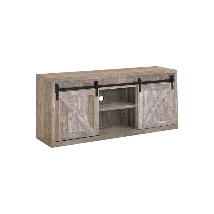 59 Inch Farmhouse Wooden TV Console With 2 Sliding Barn Doors, Oak