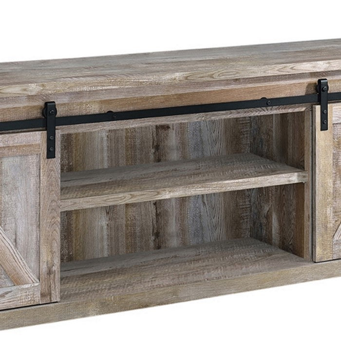 71 Inch Farmhouse Wooden TV Console With 2 Sliding Barn Doors, oak
