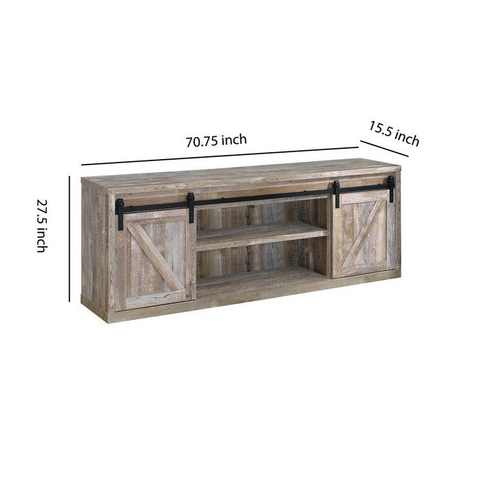 71 Inch Farmhouse Wooden TV Console With 2 Sliding Barn Doors, oak