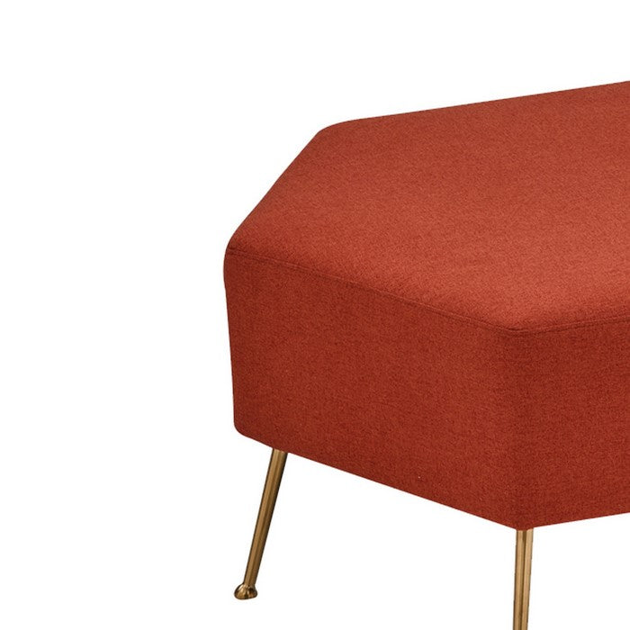 Contemporary Dual Tone Hexagon Ottoman with Angular Legs, Orange and Gold